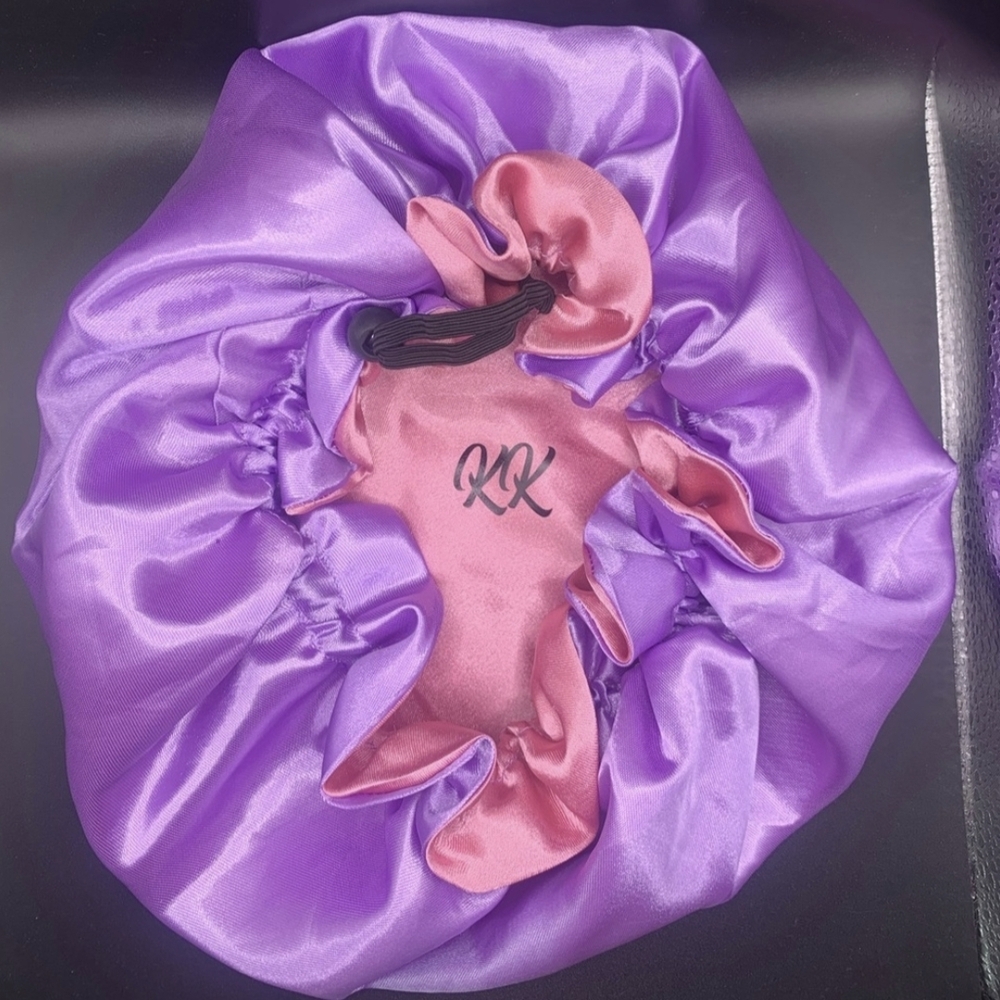 Purple and Pink Satin Hair Bonnet And Teal Long Hair Bonnet